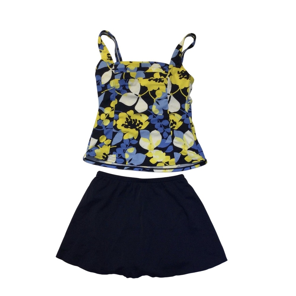 Caribbean Joe 2 Piece Swimsuit Floral Top Skirt Bottom Solid Color Navy Sz Sm